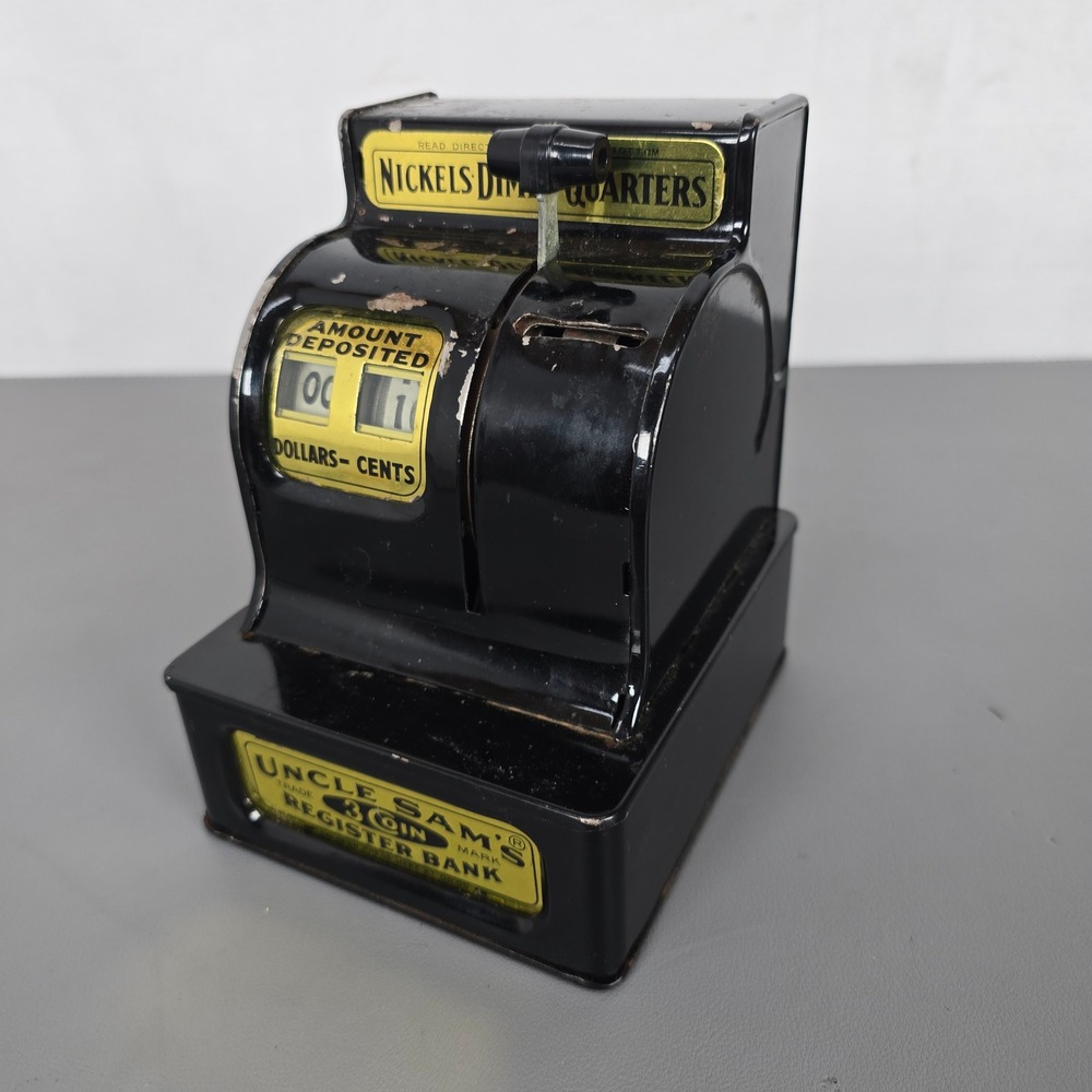 Vintage Uncle Sams 3 Coin Register Bank Black Tin Mechanical Toy Made in Japan - Picture 2 of 16